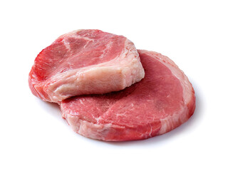 Close-up of two pieces of raw marbled beef steak isolated on white background.