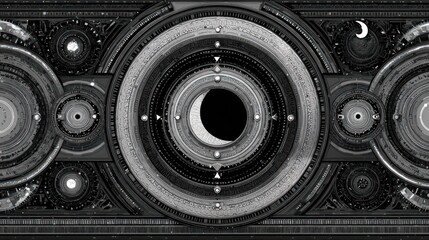 Complex, symmetrical, metallic design with concentric circles and cosmic elements.  Dark grey and light grey tones create a rich texture