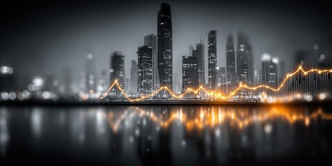 Double exposure image of a business stock chart overlaid with a city view