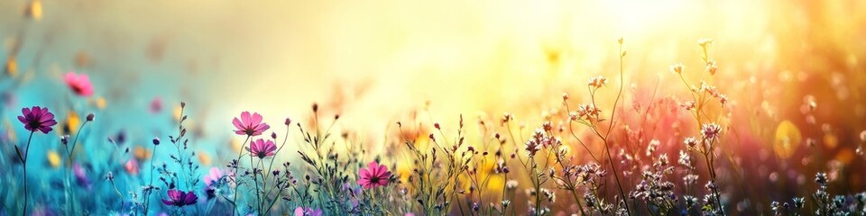Vibrant and Colorful Wildflowers Meadow Glows Warmly Under Bright Sunlight in Summer Nature Scene