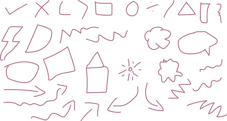 Hand drawn doodles of shapes symbols and arrows in a simple red outline style on a white background