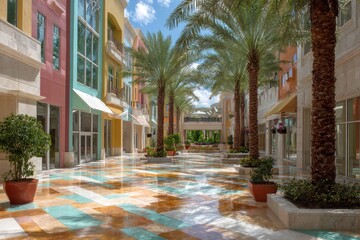 Fototapeta premium Commercial Masonry. Modern upscale business center in tropical pastel colors