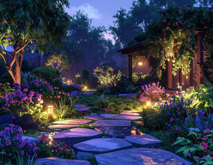 Night garden and pagoda with a stone path lined with luminous flowers