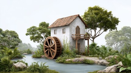 Obraz premium A picturesque watermill surrounded by lush greenery and a serene river, showcasing a harmonious blend of nature and traditional architecture.
