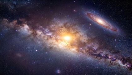Fototapeta premium Stunning cosmic panorama showcases the majestic Milky Way galaxy alongside a distant spiral galaxy, igniting wonder and exploration of the vast universe.