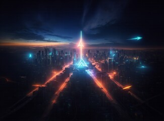 A futuristic city glows under a dark sky, illuminated by neon lights and dynamic streaks. An upward-pointing arrow pierces the cityscape. An arrow shape points from a road towards the sky.