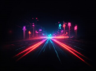 Nighttime city scene. Long exposure reveals vibrant light trails. Hints of traffic and neon glows create a futuristic vibe. A city street glows.