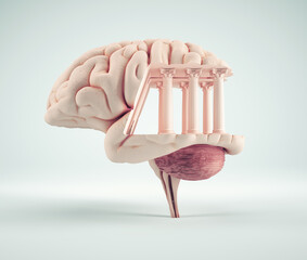 Creative representation of a human brain blending with classical architecture in a minimalist setting
