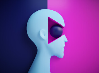 Digital art piece featuring a stylized human head with geometric shapes in contrasting colors