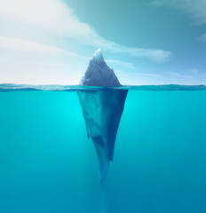 Huge iceberg emerging from azure waters under a clear sky near polar regions during the calm midday sun