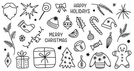 Winter hand drawn set of seasonal elements isolated on a white background. Christmas linear sketch. Vector retro icons