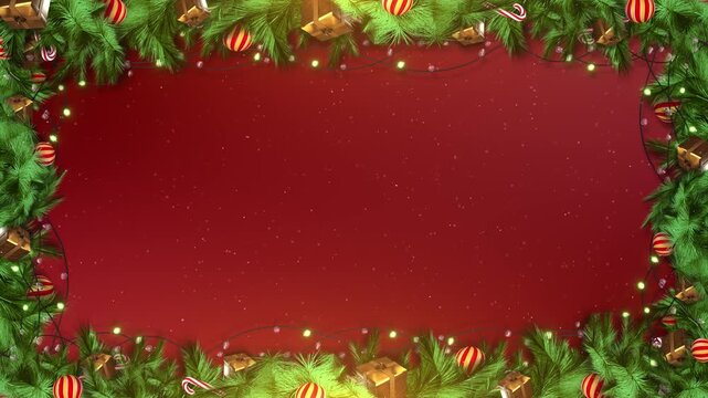 Christmas background frame border xmas tree sparkle bokeh lights red canvas background. Merry christmas card. Winter holiday theme. Happy New Year. Space for text Decorations Celebration greeting card