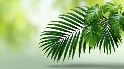 Fototapeta premium Lush green leaves and palm fronds create a vibrant, tropical aesthetic against a soft, blurred background.