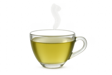 Glass mug with hot green tea steaming