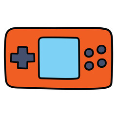 Hand-drawn cartoon retro orange video game console on a white background.