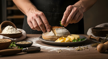 A close-up, detailed shot focusing on the hands-on process of creating artisanal food, emphasizing texture and authenticity.