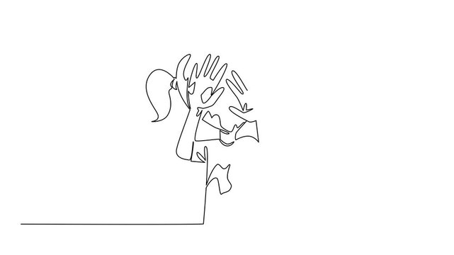 Animated self drawing of continuous one line drawing girl wearing a tshirt full of colorful paint scribbles while covering eyes with hands. Drawing Day. Single line Full length single line animation