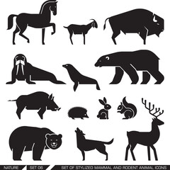 Stylized Mammal and Rodent Animal Silhouettes Set