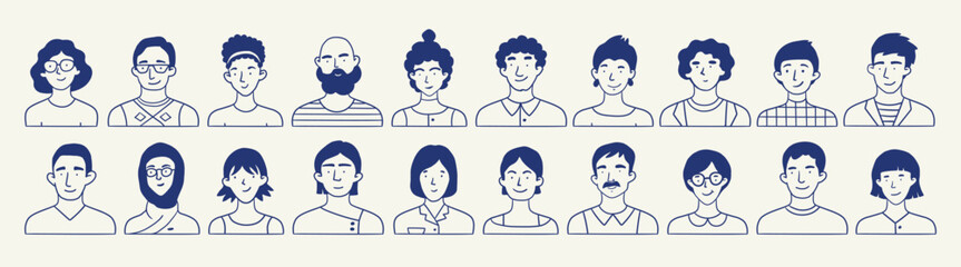 Heads and necks of boys and girls. Various haircuts. Young men and women. Monochrome People avatars. Hand drawn set of Vector Icons. Cartoon style, flat design. All elements are isolated