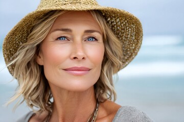 Mature woman wearing straw hat looking thoughtful on beach