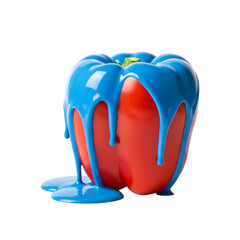 Vibrant red bell pepper dripping with bold blue paint, a stunning conceptual food art piece for modern creative projects and culinary innovation promotion