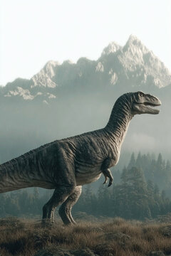 Exploring the prehistoric landscape with Afrovenator amidst primeval mountains and forests