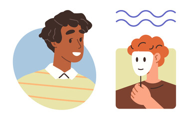 Two individuals, one smiling openly and another holding a white mask. Ideal for identity, authenticity, emotions, self-expression, relationships, mental health personal growth. Simple flat metaphor
