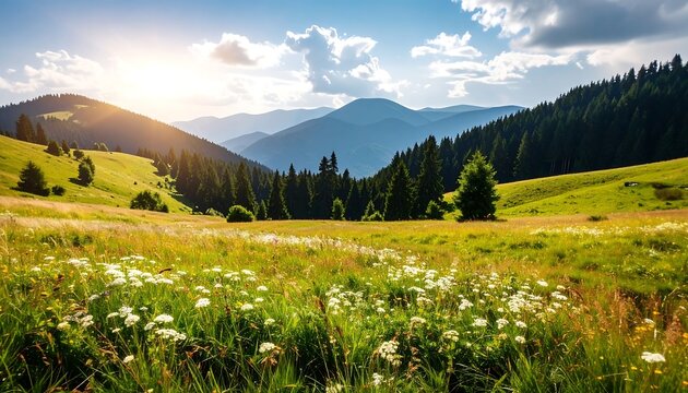 Lush mountain meadow at sunset