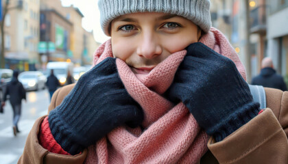 Young person smiles warmly on a chilly day in a bustling city while bundled in cozy winter clothing