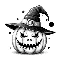 마녀모자를 쓰고 있는 호박 귀신 도트 아트. 픽셀 그래픽 디자인.