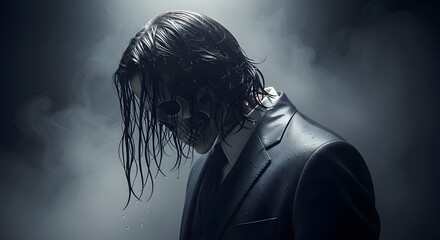 자욱한 연기속 젖은 머리를 한 해골. 슈트를 차려입은 해골.