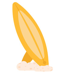 Yellow surfboard standing upright in sand with a white background and illustration style © matius
