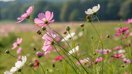 Charming cosmos flowers in a vibrant field, with delicate pink and white petals swaying gently in the breeze on a bright sunny day