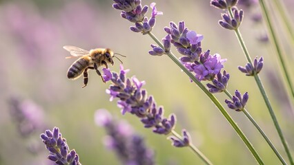 Honeybee diligently collecting nectar from vibrant lavender flowers, showcasing natures beauty and the vital role of pollination