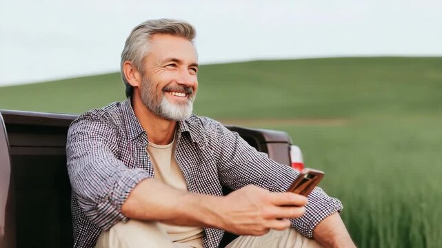 Mature caucasian man with gray hair relaxing outdoors and holding smartphone