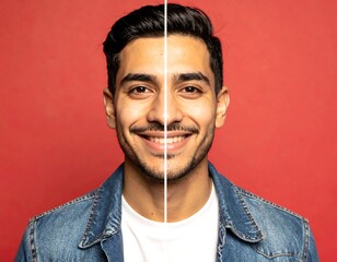 Man smiling, split image, red background