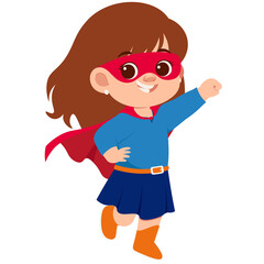 Young Girl In Blue Shirt Red Cape And Mask With Orange Boots And White Earrings Posing Confidently With One Fist Raised In The Air on Transparent Background