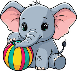 Fototapeta premium Cute Baby Elephant Playing with a Colorful Ball on Pink Background Illustration - Cartoon Animal Character for Children's Book, Education, Decoration, Nursery Art, Birthday Card, Invitation, Graphic D