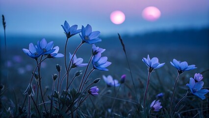 Enchanting anemone flowers under a double moon, creating a mystical and ethereal scene in the twilight with a soft, dreamy atmosphere