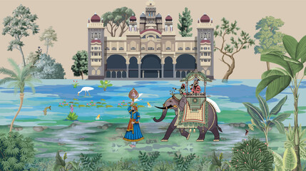 Mughal Mural Illustration, Indian Wedding, Mughal Palace, Wallpaper © Sharif