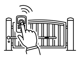 Minimalist black-and-white line art icon of hand pressing button to open automatic gate with wireless signal. Perfect for smart home, security, and access control content