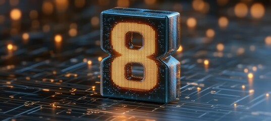 Futuristic Pixelated Grid Display with Dynamic Numbers and Abstract Technology Elements in Motion