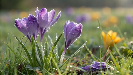 Captivating closeup of purple crocus flowers adorned with glistening dew drops, set against a blurred backdrop of vibrant spring colors