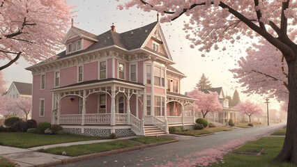 Dreamy pink victorian house with cherry blossoms in idyllic spring neighborhood
