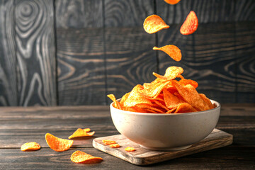 Floating bowl of crispy orange potato chips on dark textured wooden background