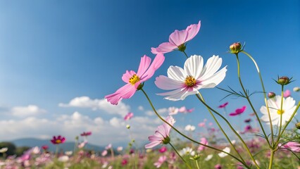 Vibrant cosmos flowers against a clear blue sky, showcasing their lively colors and graceful shapes in a picturesque outdoor setting