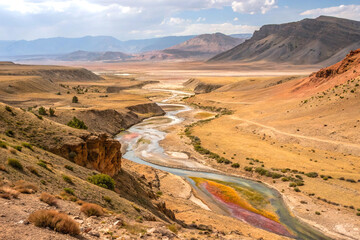 Arid landscape view with winding terraced river flowing through mineral deposits