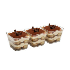 Delightful tiramisu desserts in clear cups, topped with rich cocoa and chocolate curls, perfect for tempting restaurant menus and elegant cafe promotions