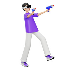 Young Person Wearing VR Headset and Holding Blue Laser Guns in a Virtual Reality Game