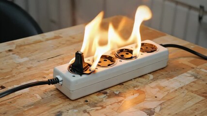 Fire hazard from overloaded power strip with flames igniting